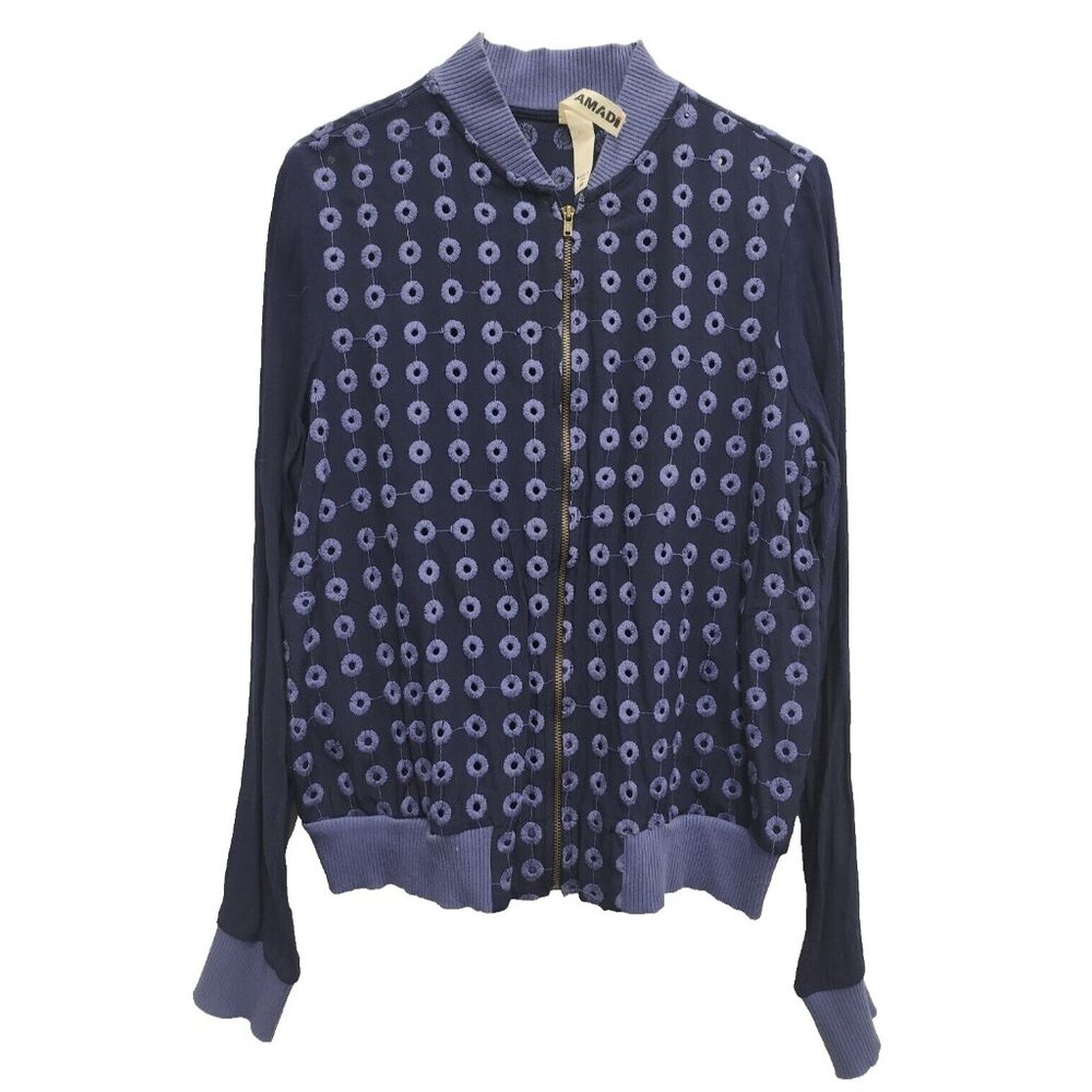 Anthropologie Amadi Bomber Jacket Womens Medium Navy Embroidered BOHO Outdoor